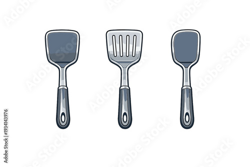 Three metallic kitchen spatulas are arranged vertically against a solid black background. The set includes one slotted turner and two solid spatulas with dark ergonomic handles.
