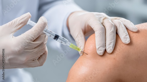 Medical professional administering injection into patient’s knee joint for treatment, emphasizing the importance of healthcare and preventative medicine in clinical settings