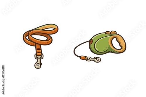This illustration shows two dog leashes against a black backdrop: a coiled orange strap leash with a metal clip and a green retractable leash with a tan handle and clip.