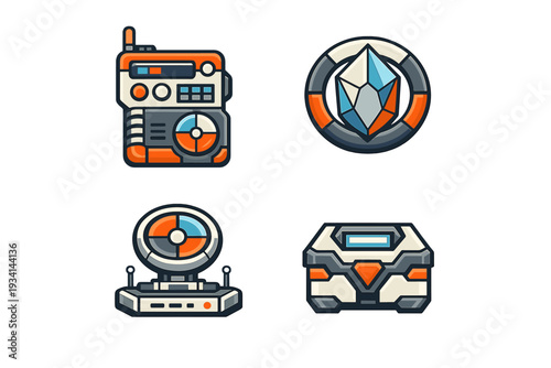 Four stylized science fiction icons featuring a communication device, a glowing crystal, a radar station, and a tech container. The flat vector art uses orange, blue, and grey tones.