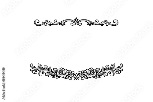 White decorative borders are set against a solid black background. The top border features elegant scrolls, while the bottom border displays detailed roses and leaves in a classic style.