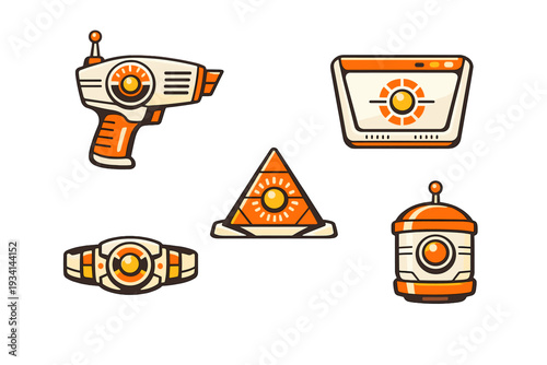 A collection of five retro-futuristic gadgets including a ray gun, a monitor, a pyramid device, a belt, and a small robot. The icons feature a consistent orange and white color scheme.