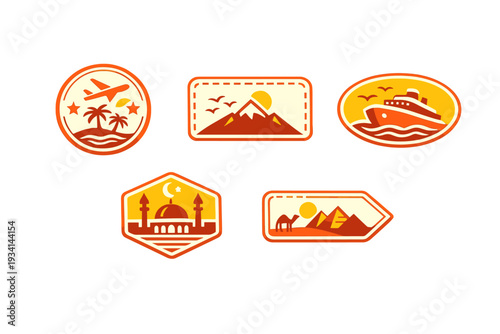 A collection of five vintage-style travel badges featuring an airplane, mountains, a cruise ship, a mosque, and pyramids with a camel in warm orange and yellow tones on a black background.