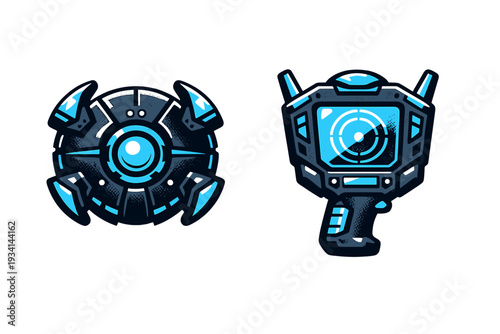 Two futuristic sci-fi gadgets featuring glowing blue lights on a black background. One is a circular mechanical core and the other is a handheld scanner with a target display screen.