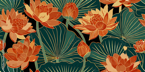 Art nouveau floral pattern featuring vibrant orange lotus blossoms and leaves