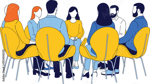 Group Therapy Session with People Sitting in Circle on Yellow Chairs for Mental Health Support Community Discussion and Counseling Services Design