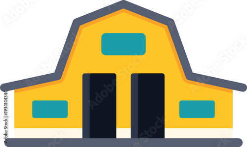 Stylized yellow barn building with a gray roof and teal accents