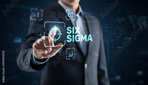 Six Sigma business professional touching virtual interface for process improvement, quality management, analytics and KPI control featuring lean, dmaic, kaizen with corporate and strategy elements