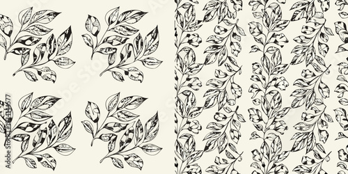 Botanical illustration of leafy branches and delicate floral patterns