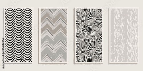Four framed abstract art prints displaying diverse geometric patterns