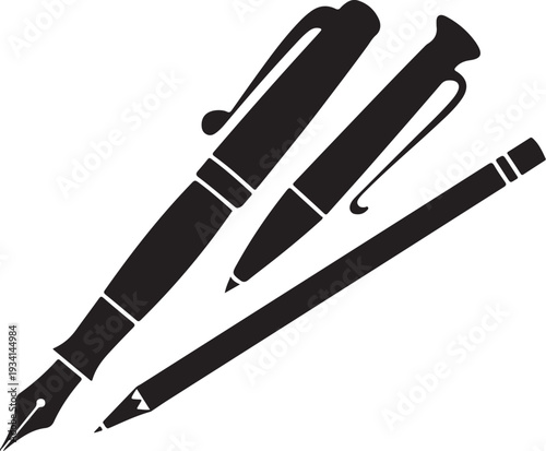 Black silhouette of three fountain pens on white background
