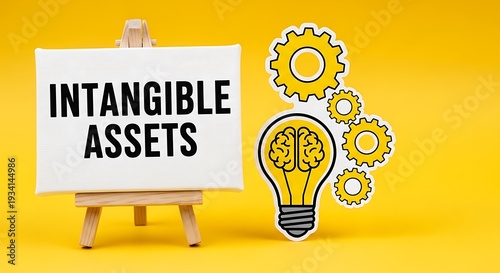 Intangible assets concept with easel sign and lightbulb brain and gears icons on yellow background for business finance branding featuring intellectual property, ip, brand value with goodwill and