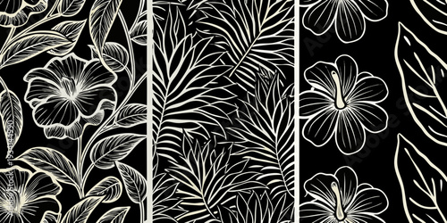Elegant botanical illustration featuring tropical flowers and palm leaves