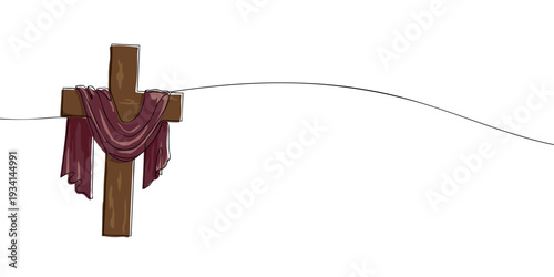 Illustration of a wooden Christian cross draped with a purple cloth, symbolizing faith, sacrifice, Lent, Good Friday, and devotion in Christian tradition.