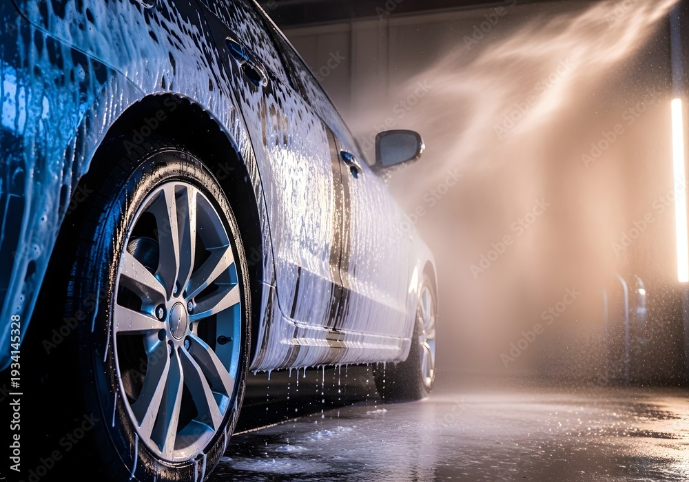 Obraz premium A car is being washed in a modern facility with bright lights