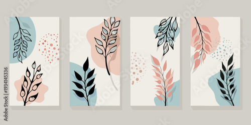 Abstract botanical wall art featuring leaves and soft color palettes