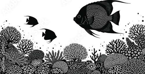 Intricate black and white coral reef silhouette featuring detailed angelfish swimming over diverse aquatic plants, underwater nature scene for marine life background,