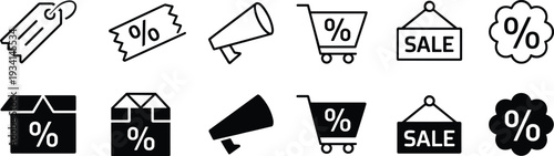 Shopping and Sale Icons Featuring Tags, Tickets, Megaphones, Carts, and Signs price tag coupon