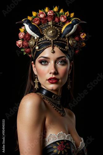 Portrait of a woman wearing an ornate headdress with yellow birds, red roses, and gold jewelry against a black background. She has red lips and green eyes.