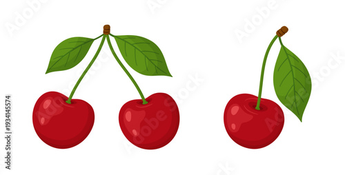 Set of ripe red cherries with green leaves in flat vector style, isolated. Fresh summer fruit illustration perfect for food design, packaging, prints, stickers, summer decor, and patterns.