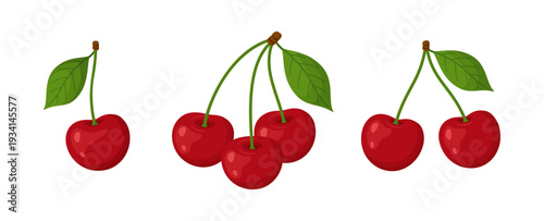 Set of ripe red cherries with green leaves in flat vector style, isolated. Fresh summer fruit illustration perfect for food design, packaging, prints, stickers, summer decor, and patterns.