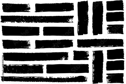 Abstract arrangement of bold black rectangular brushstrokes on a white background