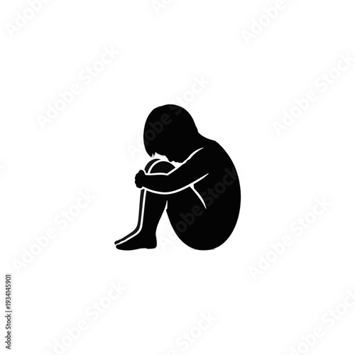 Child sitting alone hugging knees silhouette. Sadness and isolation concept vector