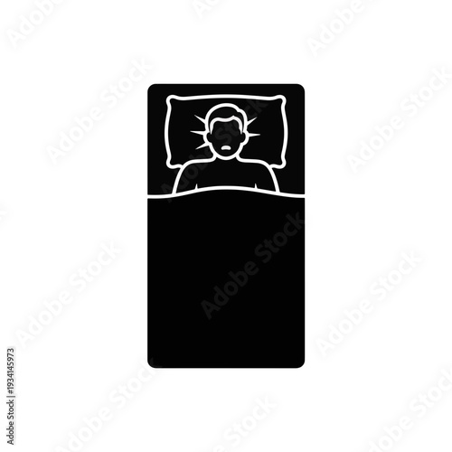 Insomnia and sleeplessness vector icon. Man lying awake in bed with worry. Solid glyph symbol