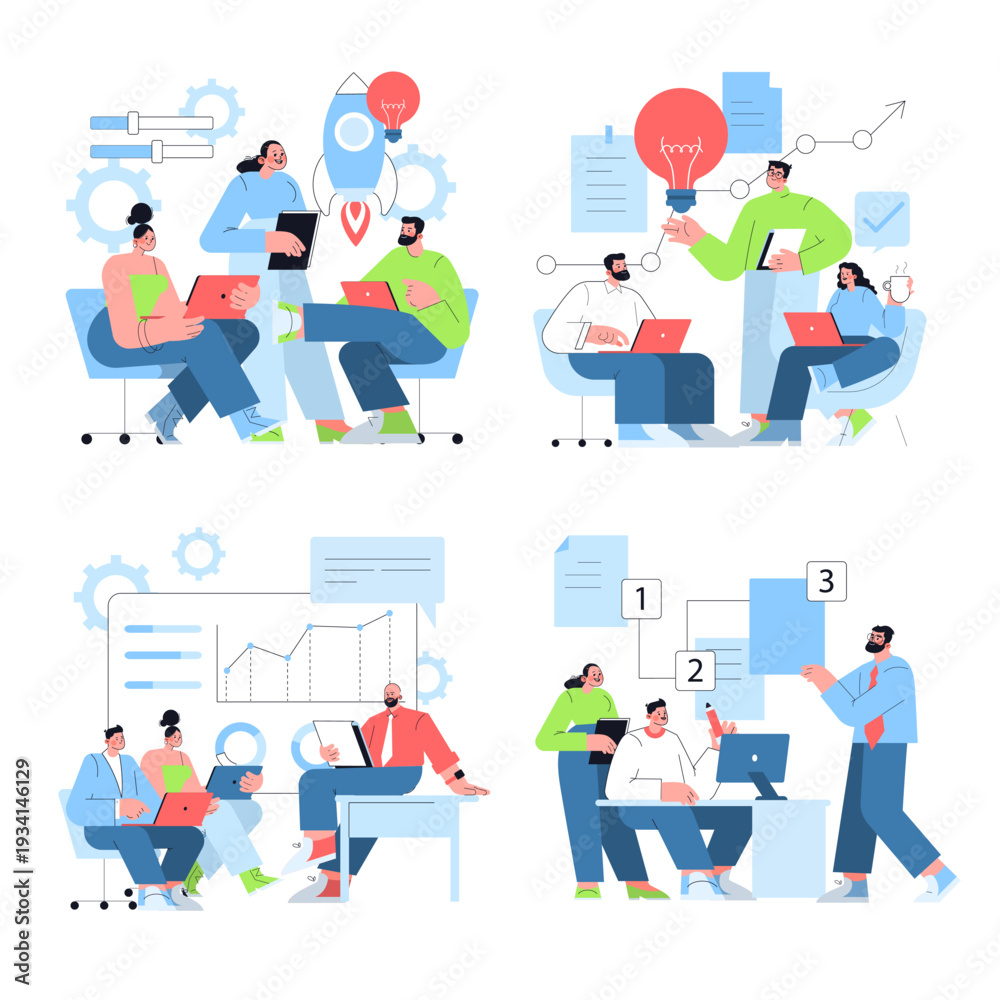 Fototapeta premium Team Meeting with Innovative Ideas Vector Illustration