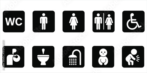 Set of black and white restroom and accessibility signs on a white background toilet bathroom