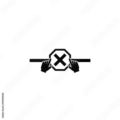 Hands pressing a stop or break symbol on a visual timetable. Minimalist silhouette vector icon. Behavioral support and routine management concept. Isolated graphic