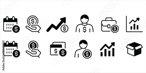 Set of financial and business icons including calendar, money, charts, and briefcase Keywords: finance, business, money