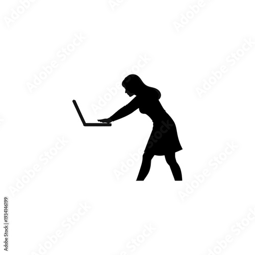 Woman shutting a laptop with force and pushing it away. Silhouette vector illustration of work frustration and burnout. Minimalist flat design isolated on transparent background