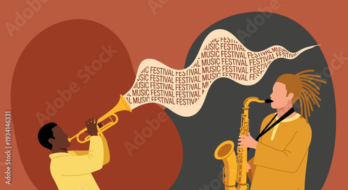 Vibrant Music Festival Duet: Trumpet and Saxophone Players with Expressive "Music Festival" Sound Waves