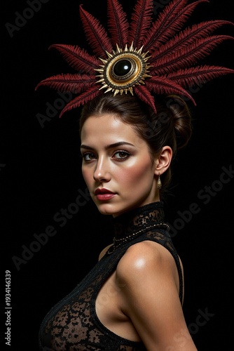 Portrait of a woman in a black lace dress wearing a large red feather headdress with a golden sun and black eye center. She has an elegant updo and gold earring against a black background.
