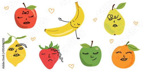 Hand drawn funny fruit characters with cute faces and emotions for stickers and kids decor on a transparent background