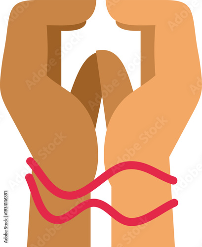 Hands tied together with a red rope representing constraint and restriction
