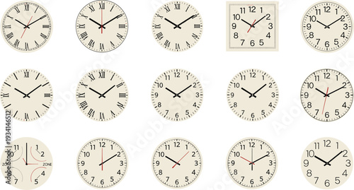 Wall Clock Vector Collection Featuring Classic Analog Clock Faces with Roman and Arabic Numerals Showing Different Time Positions Isolated on White Background for Time Concept Design
