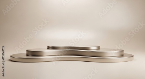 A metallic, abstract, geometric shape with a smooth, reflective surface, placed on a neutral, light brown background with soft lighting.