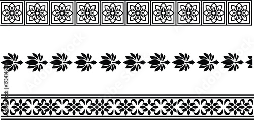 Decorative floral border pattern set, intricate traditional oriental design elements, seamless geometric flower motifs for fabric or print.