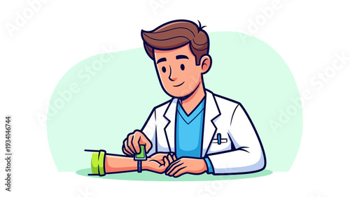 Digital Health Consultation: Doctor checking patient vitals with wearable technology. Modern medical monitoring illustration.