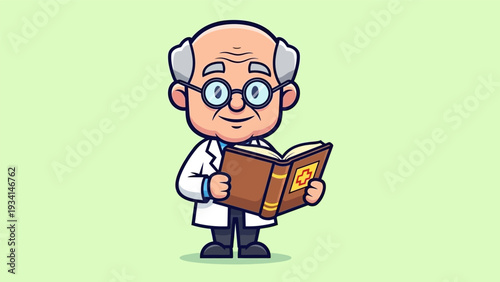 Cute Cartoon Elderly Doctor or Professor Reading a Medical Textbook. Knowledge, Research, and Education in Healthcare Vector Art.