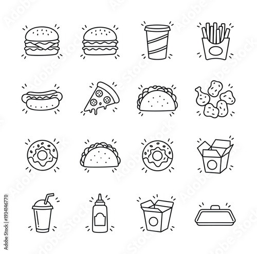 Collection of hand-drawn icons representing popular fast food items and drinks