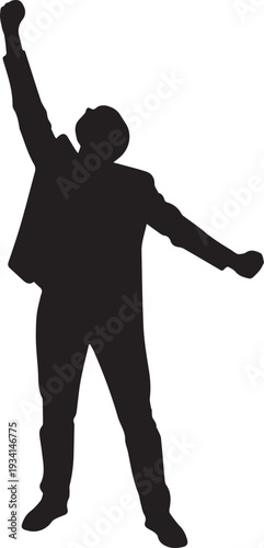 Man with arm raised in triumphant pose silhouette vector illustration line art style