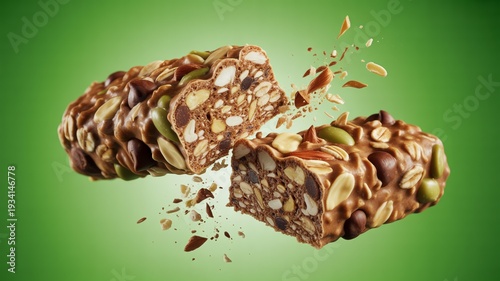 High protein nutrition bar breaking in half with crumbs flying isolated on chroma key green background, muscle recovery snack concept for fitness advertising campaigns

