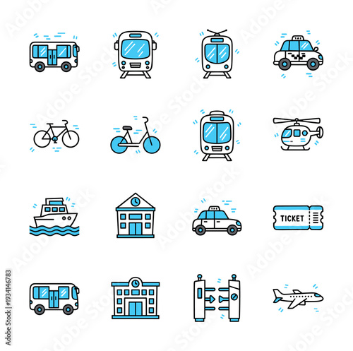 Collection of transportation and travel icons in a clean, modern, flat design style