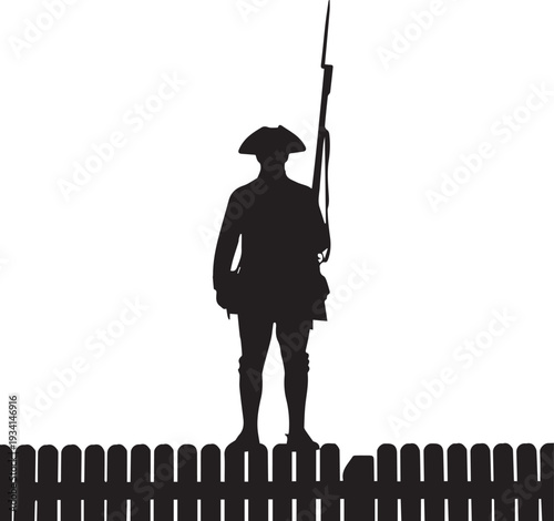 Revolutionary war soldier silhouette standing guard vector illustration with long rifle gun