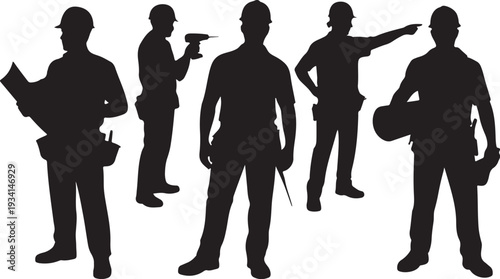 Black silhouettes of five construction workers with tools on