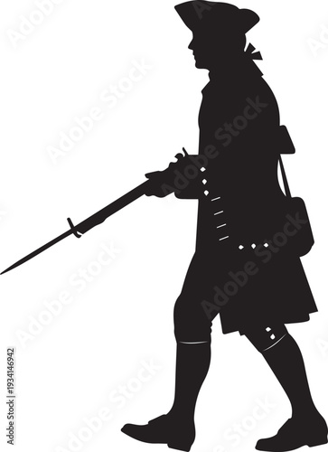 Revolutionary war soldier with musket silhouette vector illustration line art style