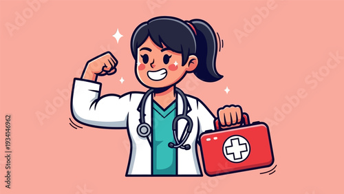 Strong Female Doctor Mascot Flexing Bicep Holding First Aid Kit. Empowering Healthcare Professional Cartoon.